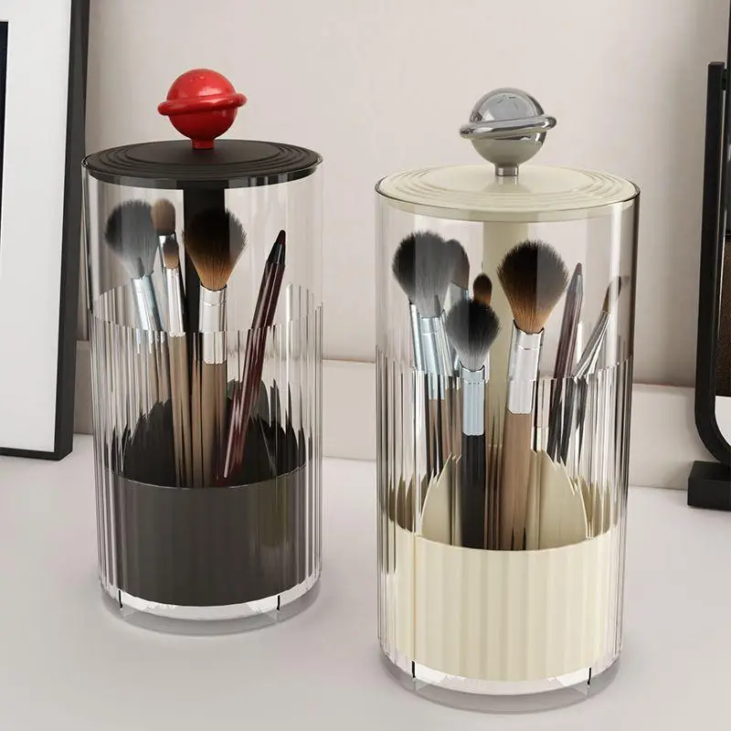 Automatic Lifting Makeup Brush Holder Dustproof Lid Large Capacity Cosmetic Storage Box Hold 20+ Brushes for Vanity Use