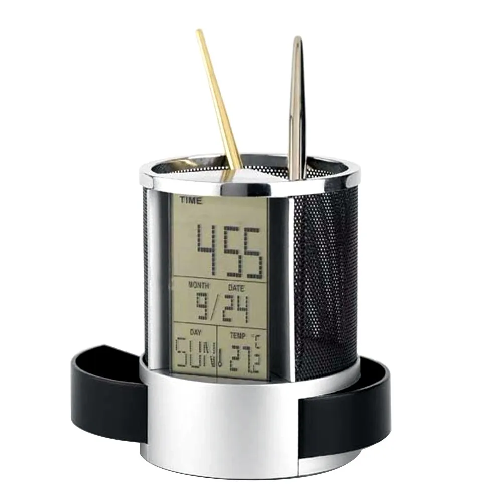 Pen Pencil Holder Digital LCD Desk Alarm Clock Electronic iron mesh pen holder perpetual calendar school electronic gift