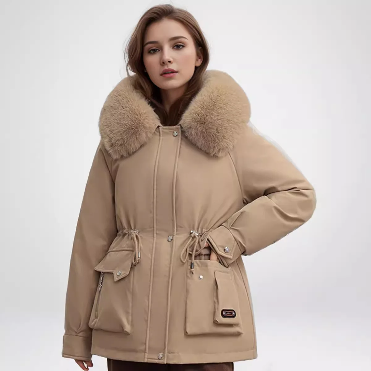 2024 Winter Women\'s Jacket Fur Collar Thicken Warm Casual Cotton Jacket Female 2 Pocket Drawstring Waist Cinching Parka Jacket