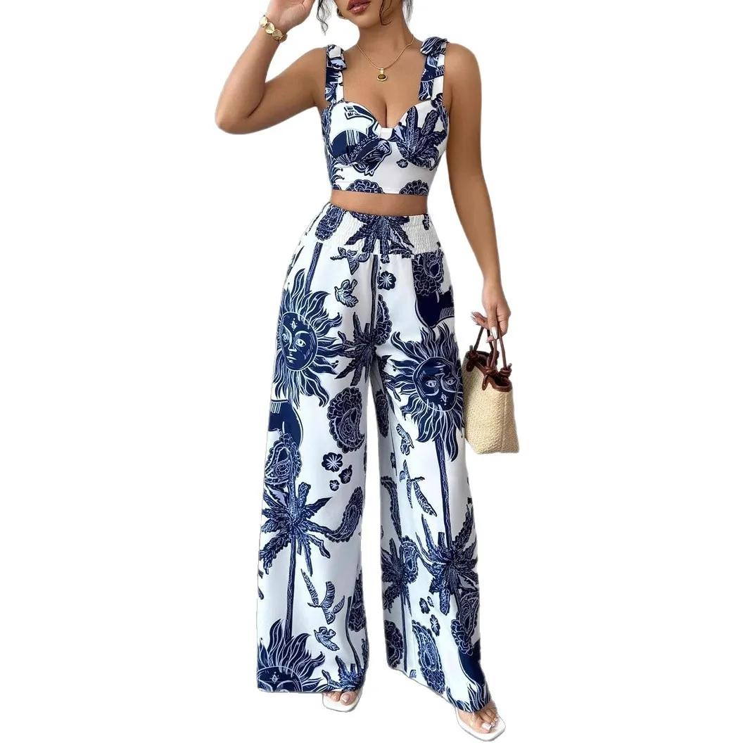 Women's Two-piece Set Summer New Casual Suit Sexy Suspender Short Navel Top Fashion Print Loose Wide-leg Pants 2-piece Set Women