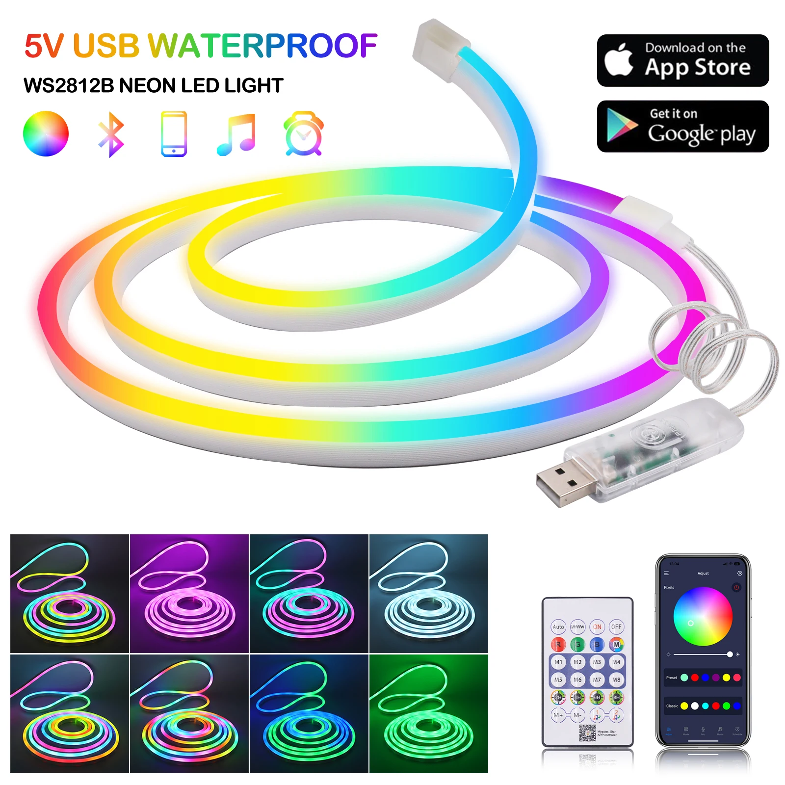 Neon RGBIC Tape 5V USB LED Strip 1/2/3/4/5M Bluetooth App 24Keys Remote Control Waterproof RGBIC Strip Neon Party Decoration