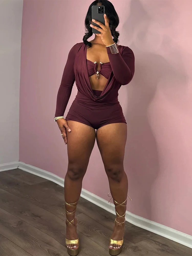 kliou Sexy Swinging Neck Women Playsuits Attractive Cleavage Cut Out Full Sleeve Stretch Rompers Female Classic Trend Clubwear