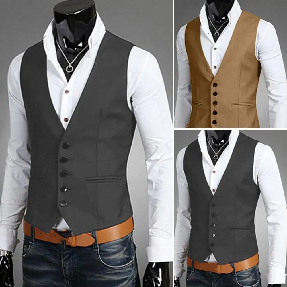 Men Suit Vest Single-breasted Men Vest Elegant V-neck Men's Suit Vest with Pockets for Business Attire in Autumn Winter