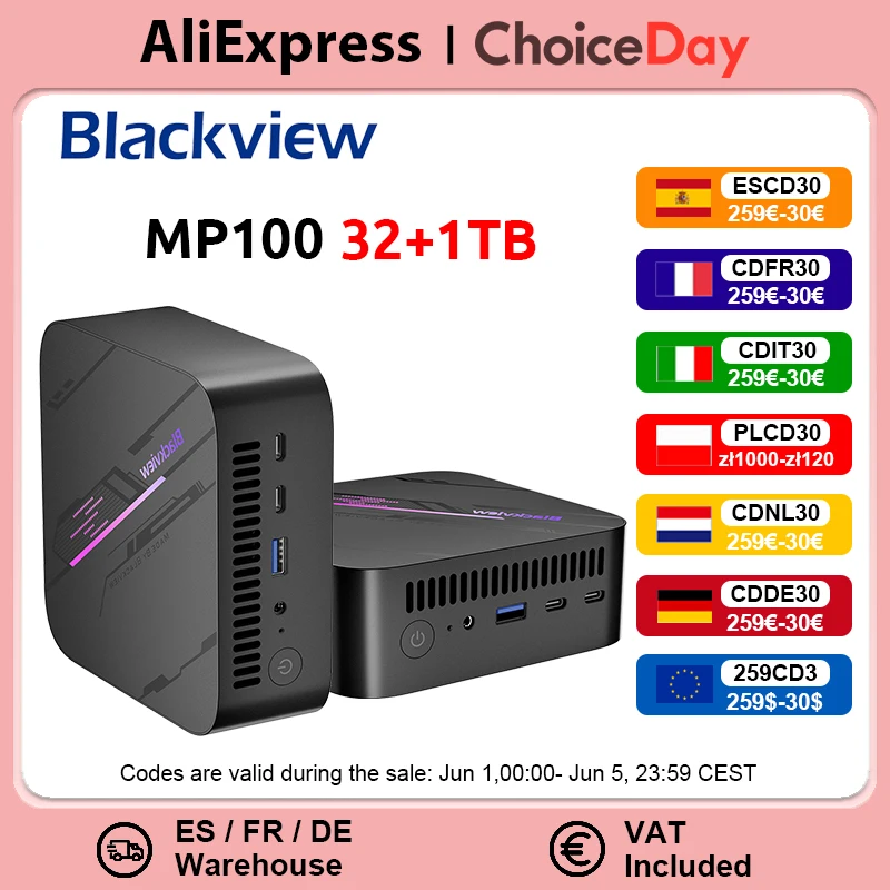 Blackview MP100 NEUER Mini-PC AMD R7 5700U Windows 11 Home 8-Core 16-Thread 32 GB DDR4 1 TB SSD WiFi