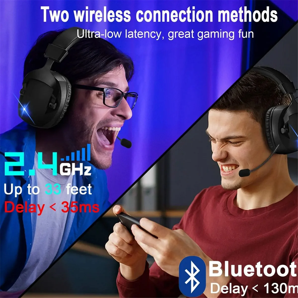 AT42 Headset Gaming Nirkabel dengan Mikrofon 2.4G Headphone Bluetooth USB 3.5Mm Berkabel 3 Mode untuk PC,Laptop,, Putih