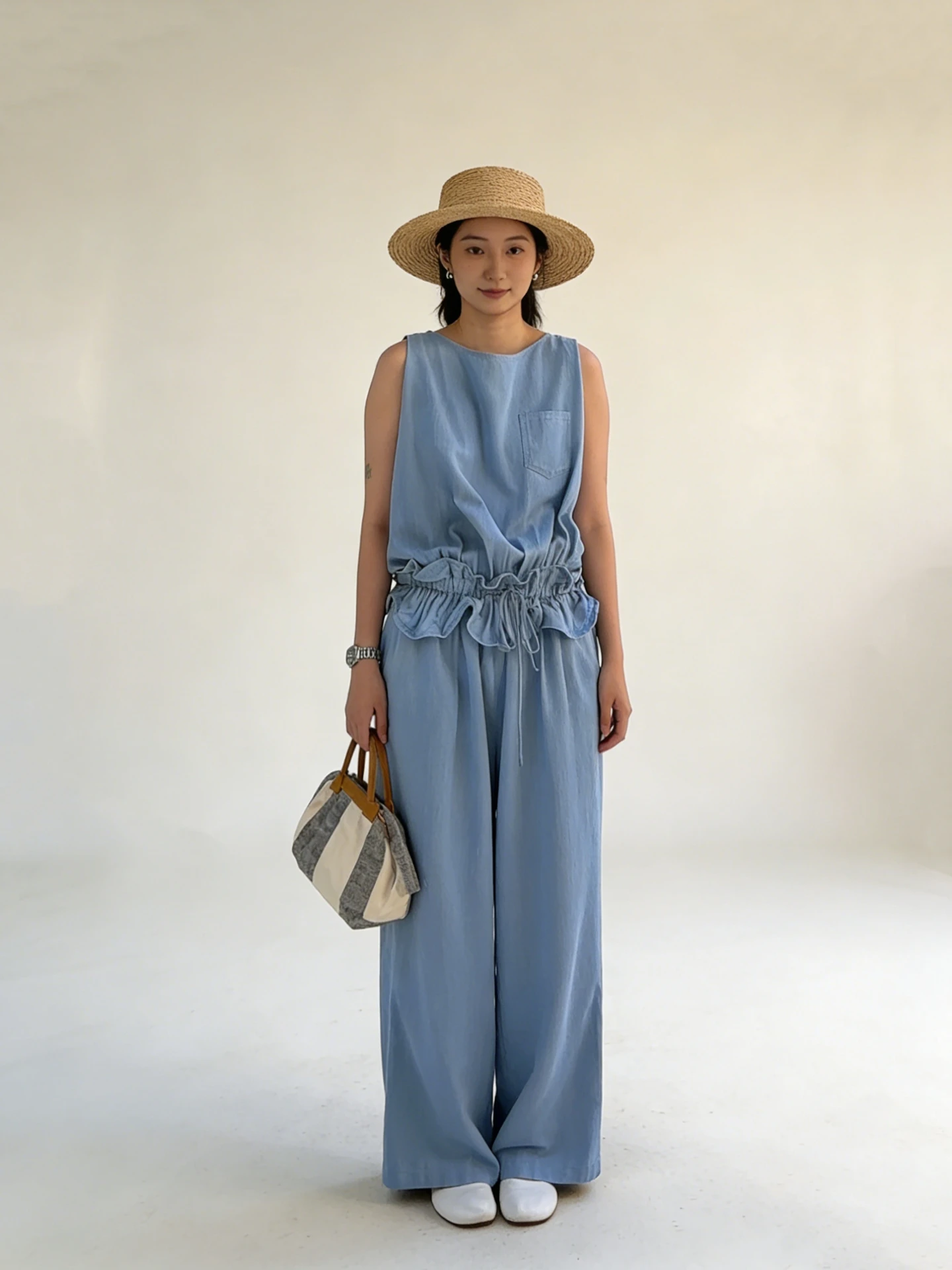 

Blue One-Piece Suit Design Waist Corded Loose Feel Integrated Jumpsuit Comfortable Long Pants mid Waist Other Fabric Ladies