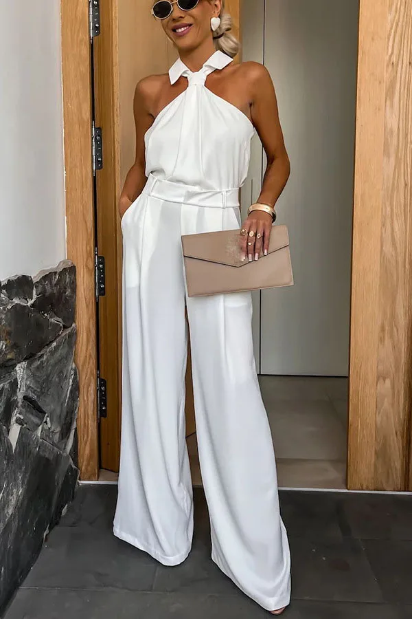 Dames halter jumpsuit nek revers off-shoulder mouwloze lange jumpsuit ritssluiting aan de achterkant hoge taille wijde pijpen jumpsuit