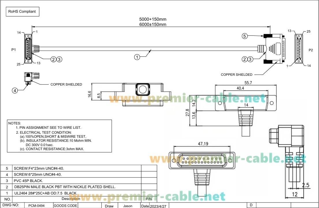 Flaches, rechtwinkliges DB25-Verbindungskabel, schlankes D-Sub 25-Pin DB25 Stecker-zu-Stecker Serienkabel, nach oben und unten abgewinkeltes Druckerkabel – Detail 1