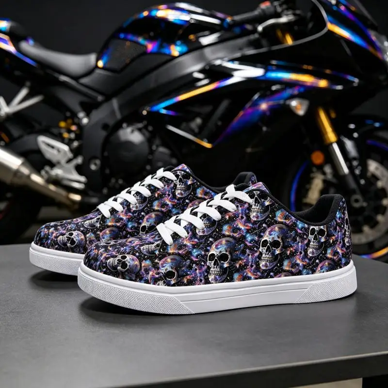 Ladies Men's casual low-top white sneakers，Cosmic Skull Art Design，Stylish and Comfortable，Suitable for Everyday Wear，Trendy fas view 5