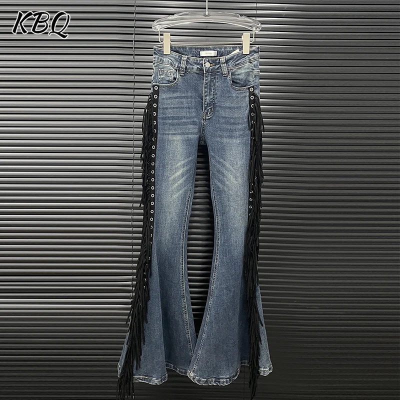

KBQ Slim Fit Spliced Folds Solid Denim Pants For Women High Waist Patchwork Pocket Temperament Trouses Female Fashion Style New