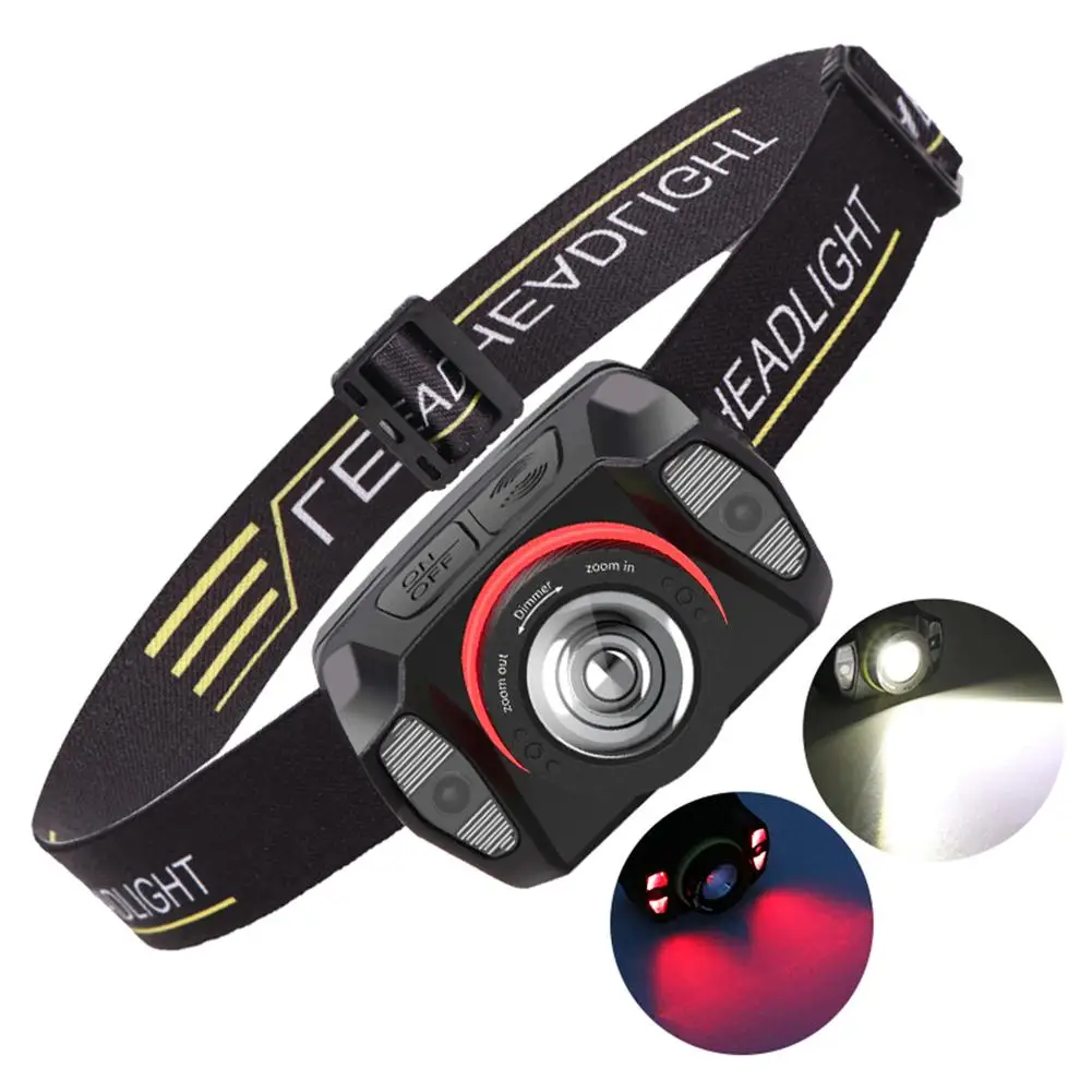 Rechargeable Headlamp LED Head Lamp Flashlight With Red Light and Motion Sensor for Outdoor Camping Running Cycling Fishing