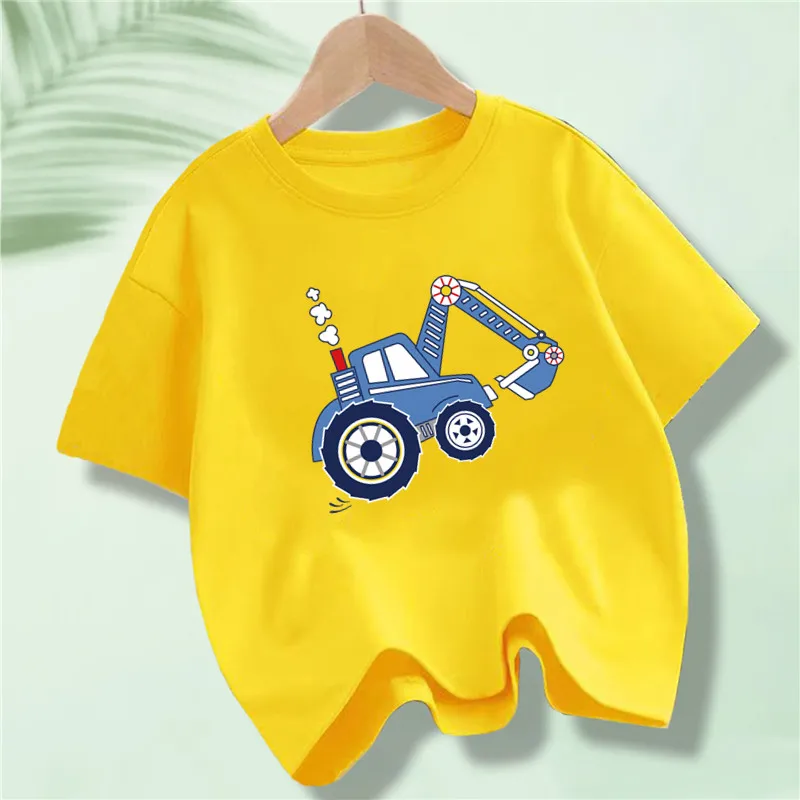 Kids Cartoon Excavator Print T-Shirt Short Sleeve Summer Birthday Party Shirts for Boy & Girl Children's Gift Tees
