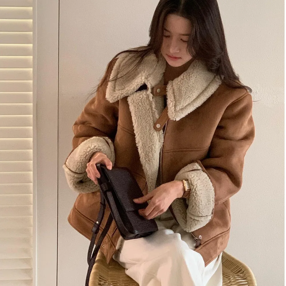 

Женское модное пальто из натуральной кожи и меха в стиле ретро с воротником-стойкой, теплый топ, корейская верхняя одежда для поездок на работу Sle ort