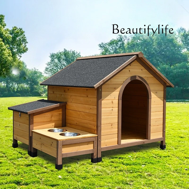 Dog kennel cage tent nest outdoor house villa rain protection and sun protection with food basin water basin solid wood fir