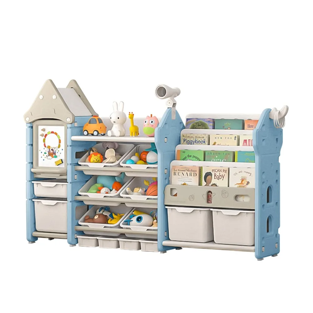 Kids Toy Storage Organizer and Children Bookshelf, with 14 Bins and Pull-Out Drawers, Multipurpose Shelf for Toddlers