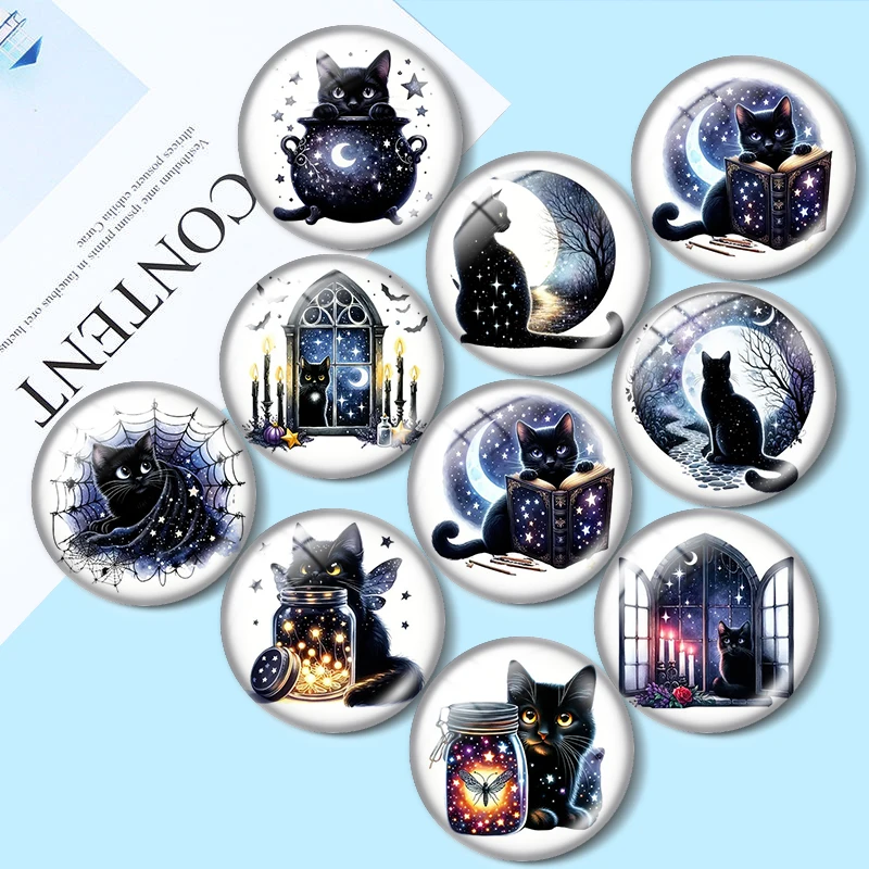 

Retro Halloween Black Cat 12mm/16mm/20mm/25mm/30mm demo flat back making mixed 10pcs Round photo glass cabochon findings