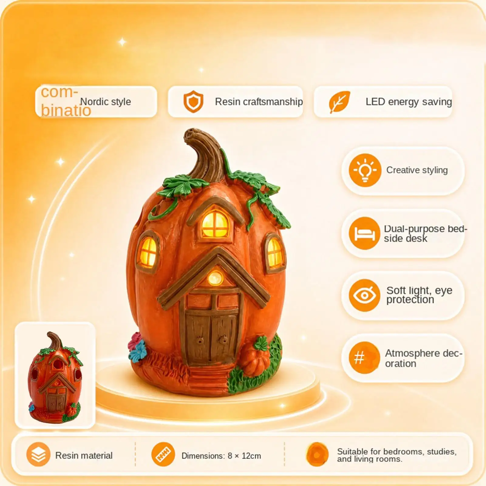 Funny Pumpkin House Night Light Light Up Pumpkin Cottage Resin Figurine Halloween Desk Ornament For Home Apartment