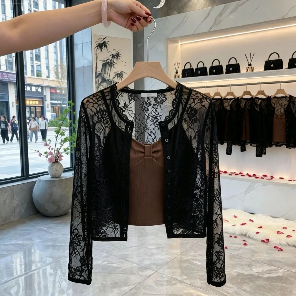 Summer New Style Black Lace Open Cardigan Women's Long Sleeve Lightweight Mesh Transparent Large Size Top Fashion Trend