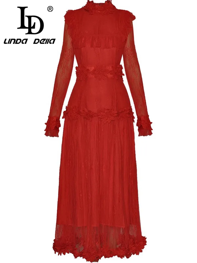 LD LINDA DELLA Fashion Women's Ball Gown Dress Autumn Stand Collar Lace Long-Sleeved Appliques Design Vintage Solid Color Dress