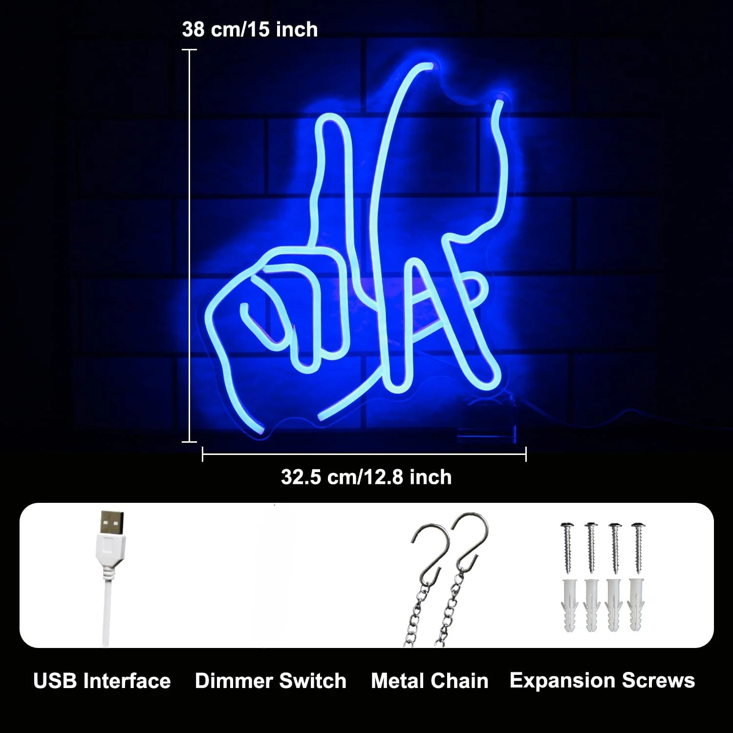 Rock On Hand Neon Sign LED Wall Art USB Powered  Blue Glow Gesture Symbol Game Room Bar Music Studio Teen Bedroom Party Decor