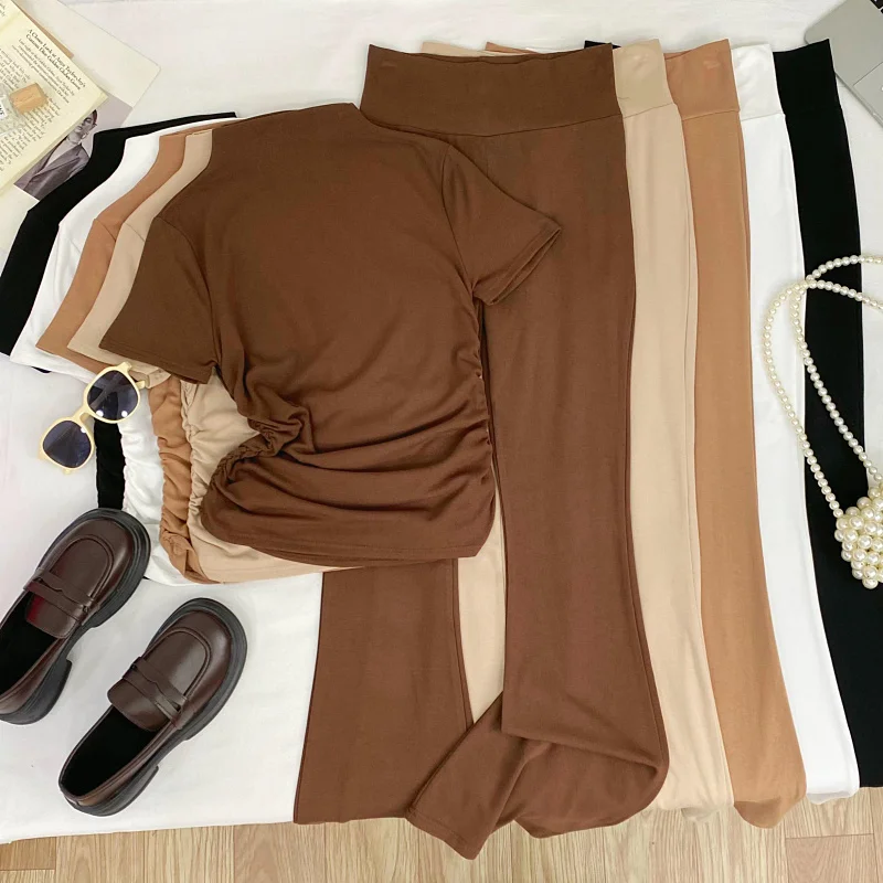 

Slim Fit f High Collar T-irt ort Sve Wide Leg Pants Two Piece Set Women's Faion Casual Wear Cotton Blend