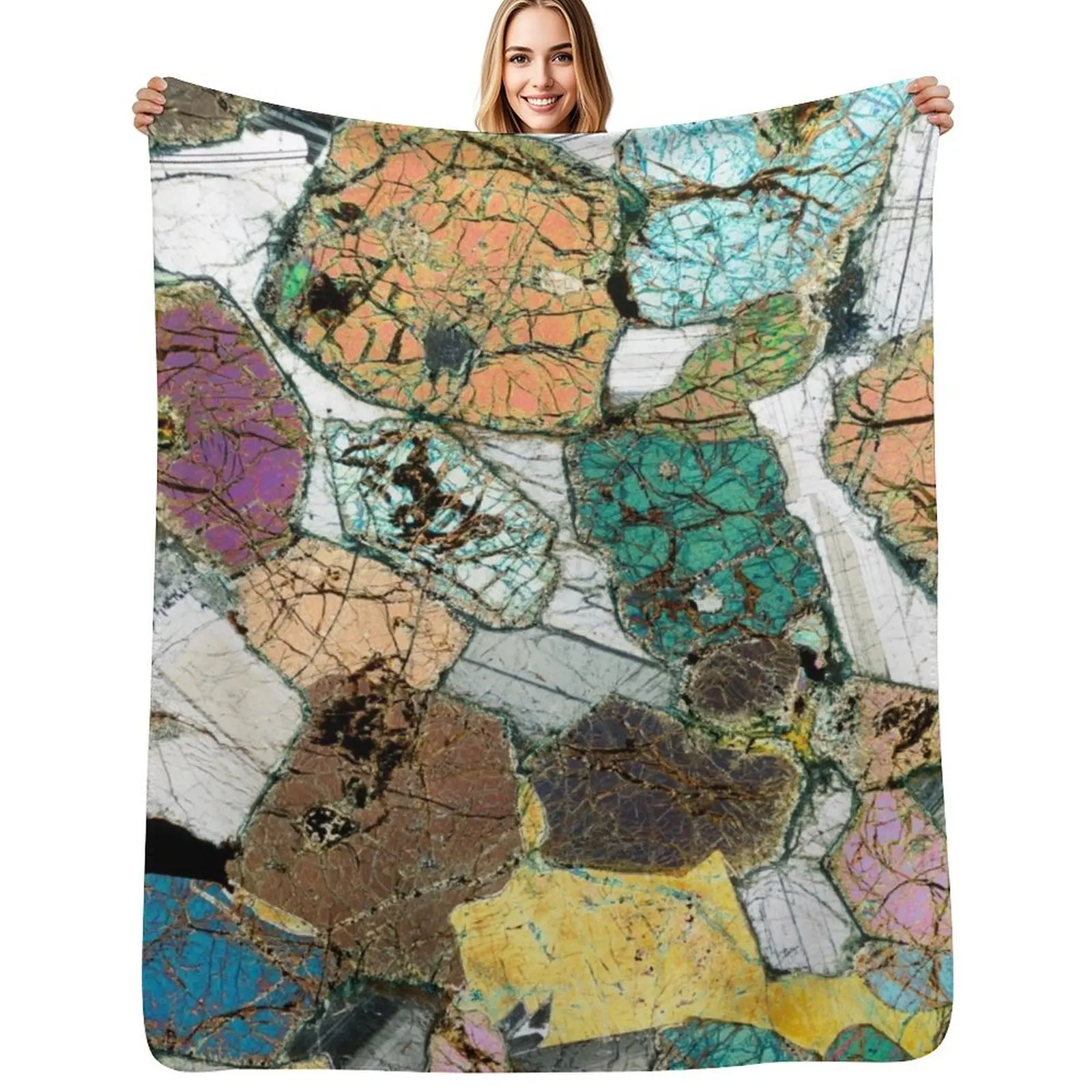 

Geology gift - Peridotite from Ardnamurchan, Scotland Rock Thin Section Microscope Photo Throw Blanket