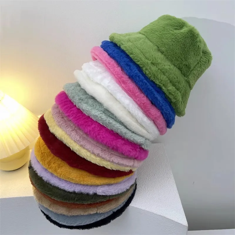 Solid Color Plush Cute Bucket Hat for Women Girls Faux Fur Fisherman\'s Hat Warm Autumn Winter Outdoor Panama Casual Caps Hats