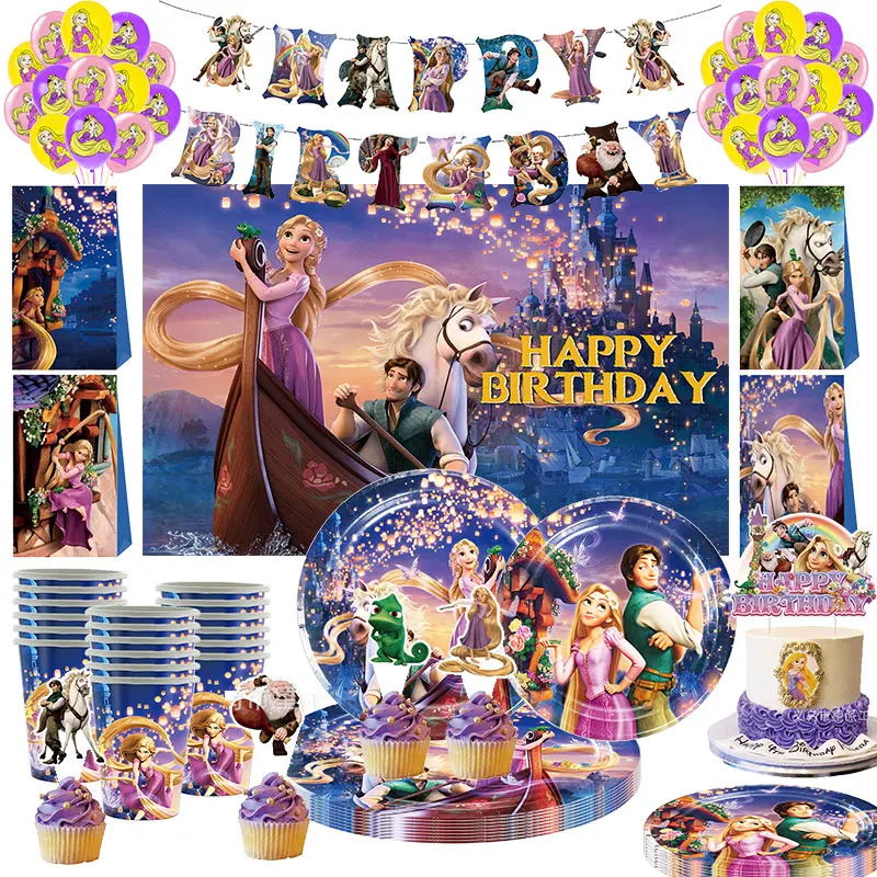 Décorations d'anniversaire Tangled Raiponce : Vaisselle, Gobelets, Assiettes, Serviettes, Ballons, Bannière, Toile de fond, Sacs en papier – Fournitures de fête pour enfants et filles