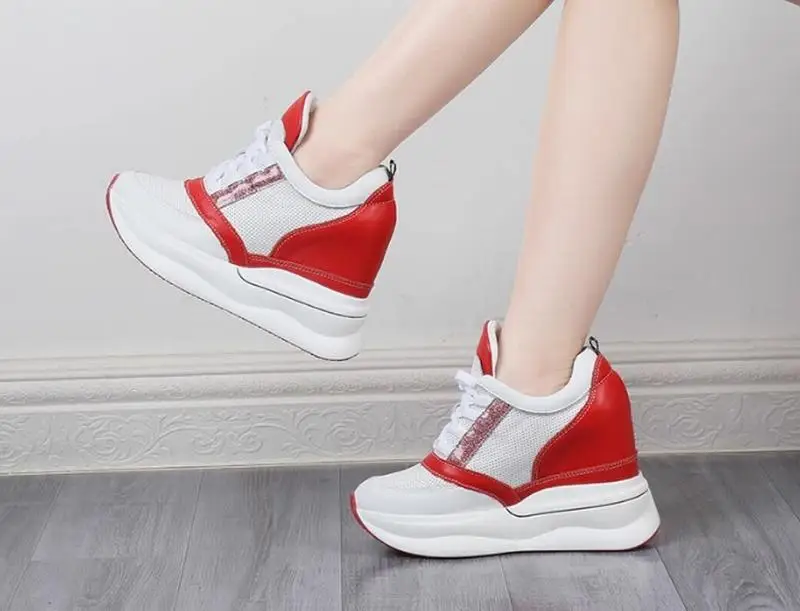 Cyabmoz height increasing sneakers women high heels 11cm platform ladies casual shoes genuine leather wedges pumps Mixed colors