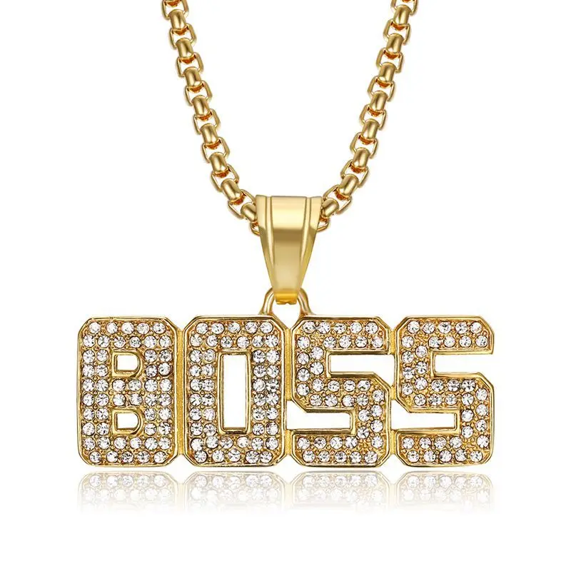 Hip Hop Bling Iced Out Rhinestone Stainless Steel Boss Letters Pendant Necklace for Men Rapper Jewelry Drop Shipping