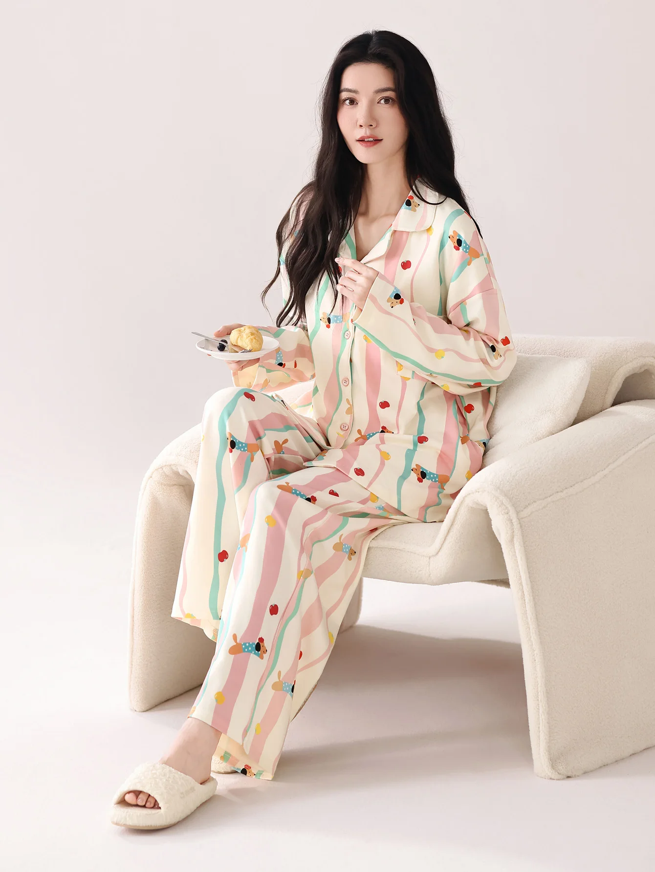 ملابس نوم من القطن الخالص 100% مع وسادة صدر، سراويل نسائية للخريف والشتاء بأكمام طويلة، ملابس نوم نسائية مقاس كبير من القطن الخالص