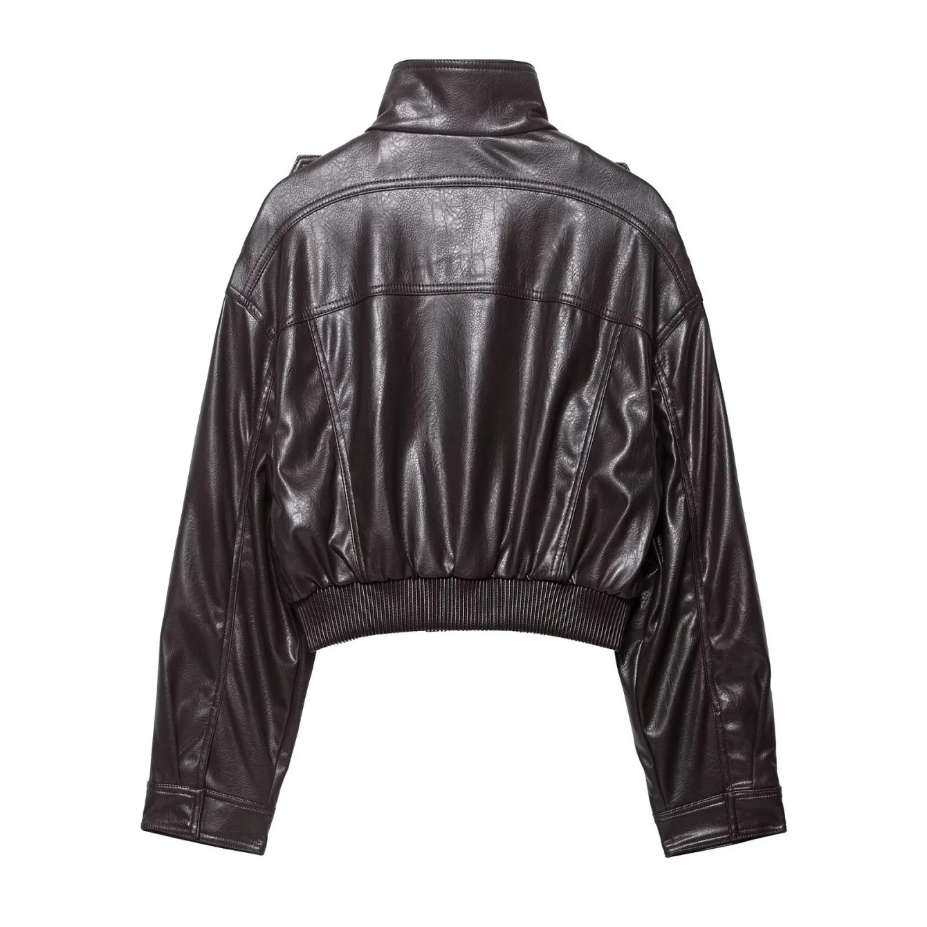 Veste courte en cuir à grandes poches pour femmes, manteau col rabattu, manches longues, fermeture éclair, automne hiver dames, Streetwear décontracté