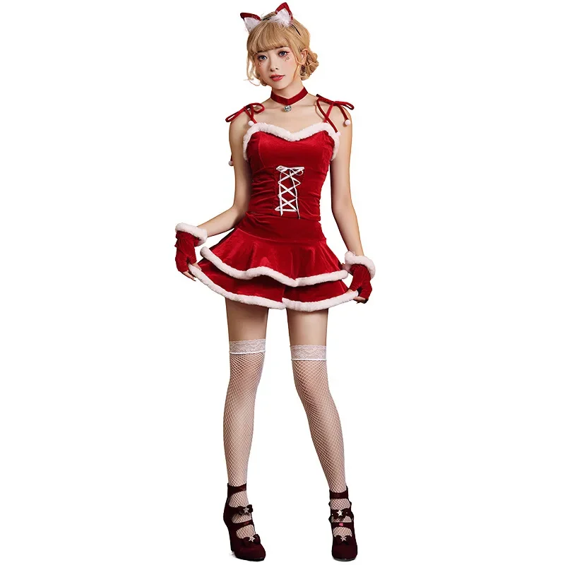 

Christmas Carnival Party Cute Elf Cat Girl Fancy Dress New Year Stage Show Red Velvet Miss Santa Claus Cosplay Costume