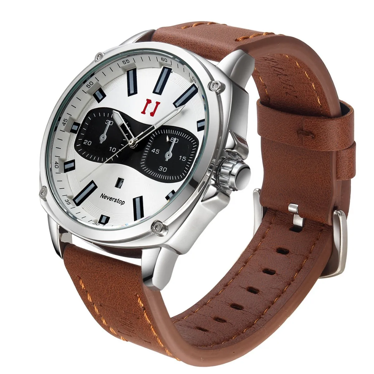 ساعة كوارتز رجالية على الطراز الأوروبي، ساعة يد كبيرة متعددة الوظائف مع حزام جلدي كلاسيكي