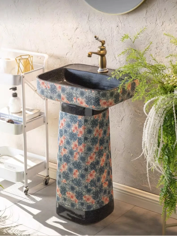 

Simple bathroom floor-to-ceiling integrated wash basin Outdoor retro blue and white porcelain pillar basin