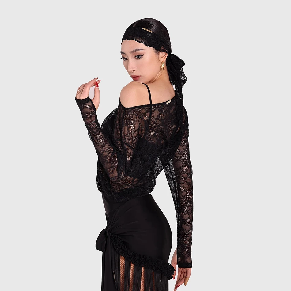 Lace Long Sleeve Latin Dance Tops Latino Suit Line Dance Clothing Top Dancewear Top Samba Belly Ballroom Waltz Dress YD464