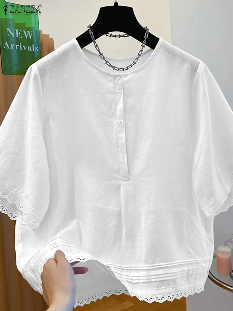 

ZANZEA Women Casual Pintuck Detailed Blouses Summer 2026 O-Neck Short Sleeve Solid Color Lace Trim Cotton Tops Woman Clothes 3XL
