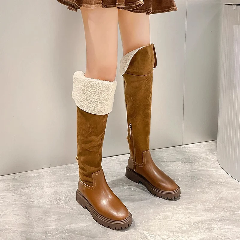 

Brown Snow Boots With Plush Long Boots Thick Heels Round Toe Over-Knee-High Boots Women Knights Boots Fashion Botas de mujer