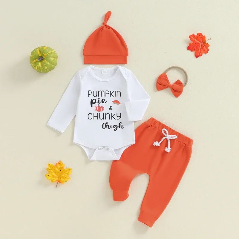 Baby Boy Halloween Outfit Letter Print Long Sleeve Rompers and Elastic Pants Beanie Hat Headband Set Spring 4 Piece Clothes