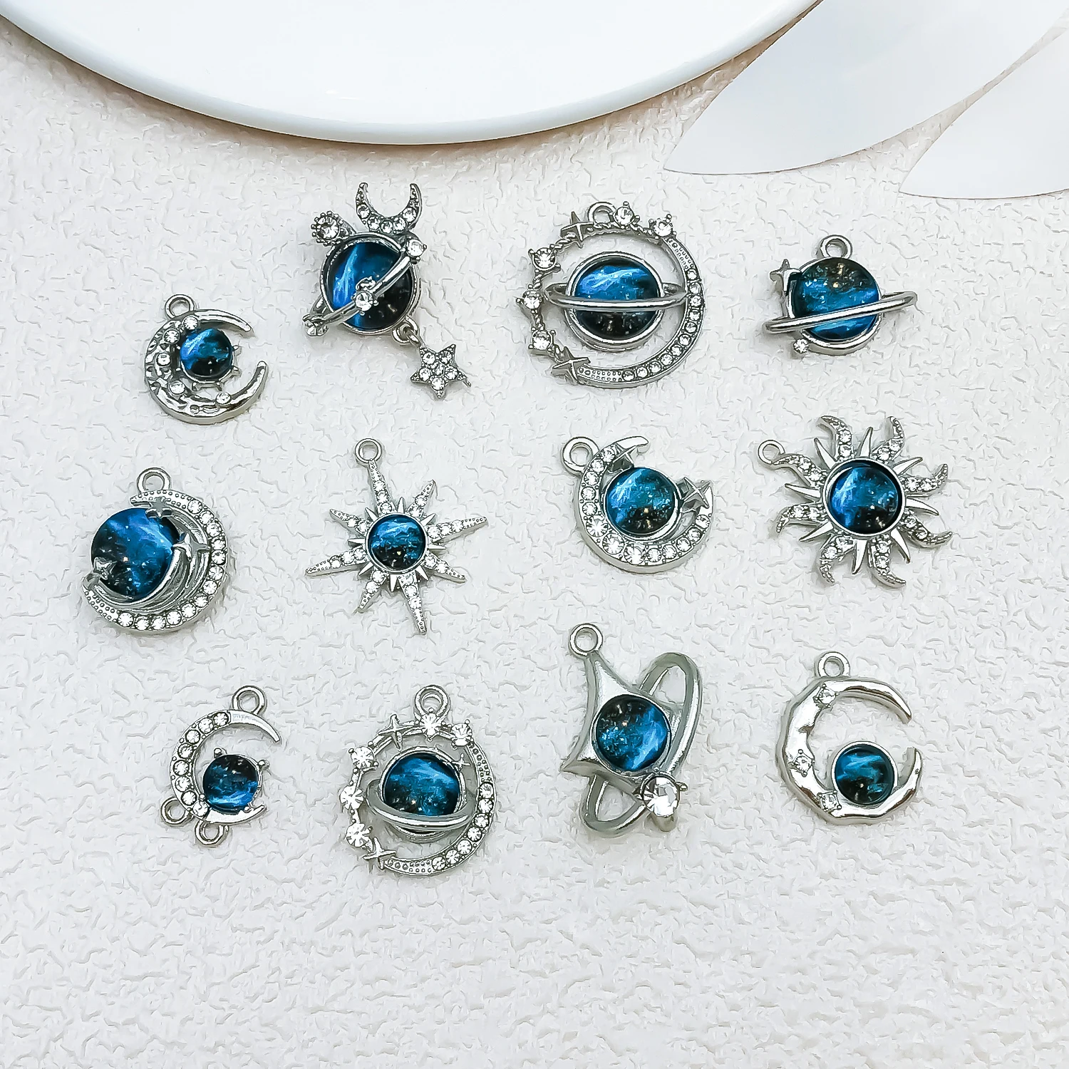 10/12pcs Blue Zinc Alloy Glass Patch Gem Universe Stars Moon Charms Pendant DIY Necklace Earrings Keychain Jewelry Accessories