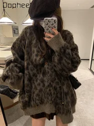 Mohair Leopard Print Knitted Cardigan for Women V-neck Long Sleeve Loose Single-breasted Sweater Coats Casual Autumn Fashion