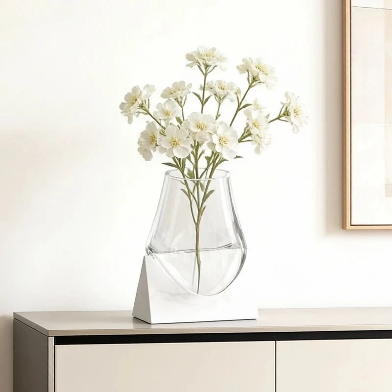 Abstract Irregular Glass Vase with Marble Base Plant Pot Desktop Decoration Flower Arrangement Transparent Glass Pot Home Decor