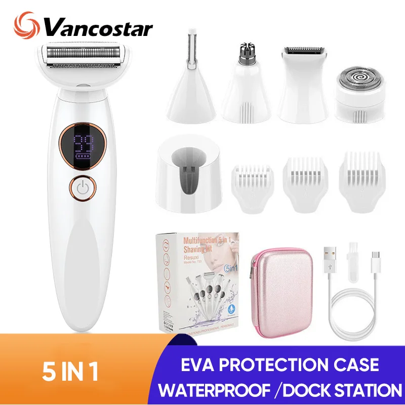 5in1 rasoir à cheveux Bikini tondeuse tête remplaçable sourcil épilation du visage étanche utilisation sèche et humide épilateur USB rasoir électrique