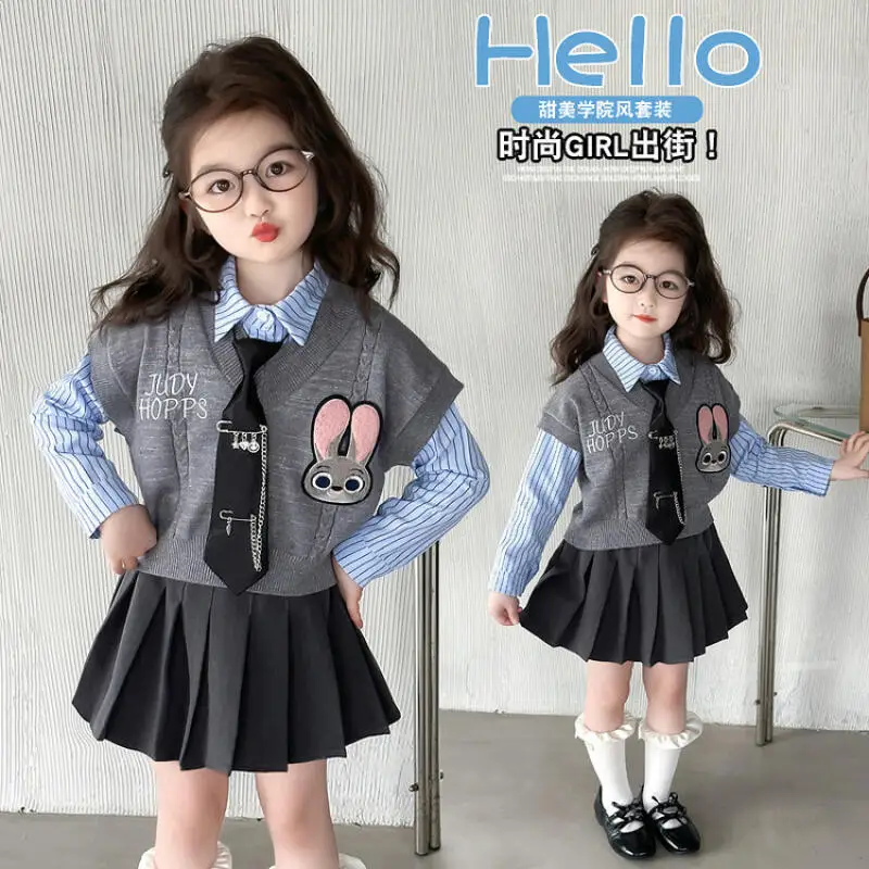 3 uds dibujos animados Judy Hopps niñas Chaleco tejido suéter camisa Jk falda conjunto lindo conejito de Disney policía primavera dulce niños Jk uniforme conjunto