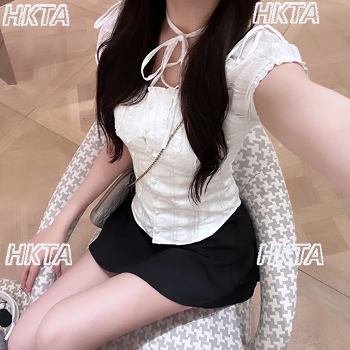 Japońska Słodka Bluzka z Krótkim Rękawem, Sznurowana z Przodu, Zapinana na Klamrę, Dopasowana, z Kwadratowym Dekoltem, Letnia Biała Koszula Damska Camisas