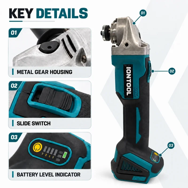 IONTOOL Cordless Angle Grinder 100mm M10 10000RPM for Metal Polishing Rust Removal and Surface Finishing