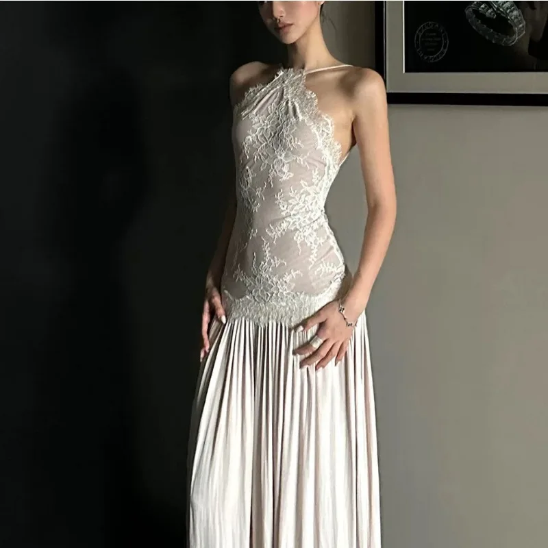 

Lace splicing suspender dress women's summer temperament socialite high-end waist backless sleeveless long dress