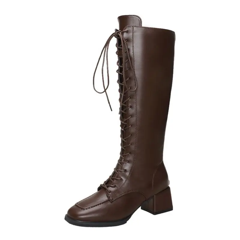 

Autumn Winter Warm Thick Sole Knee High Boots Women Leather Elastic Lace Up High Tube Knight Boots British Style Zip Long Boots