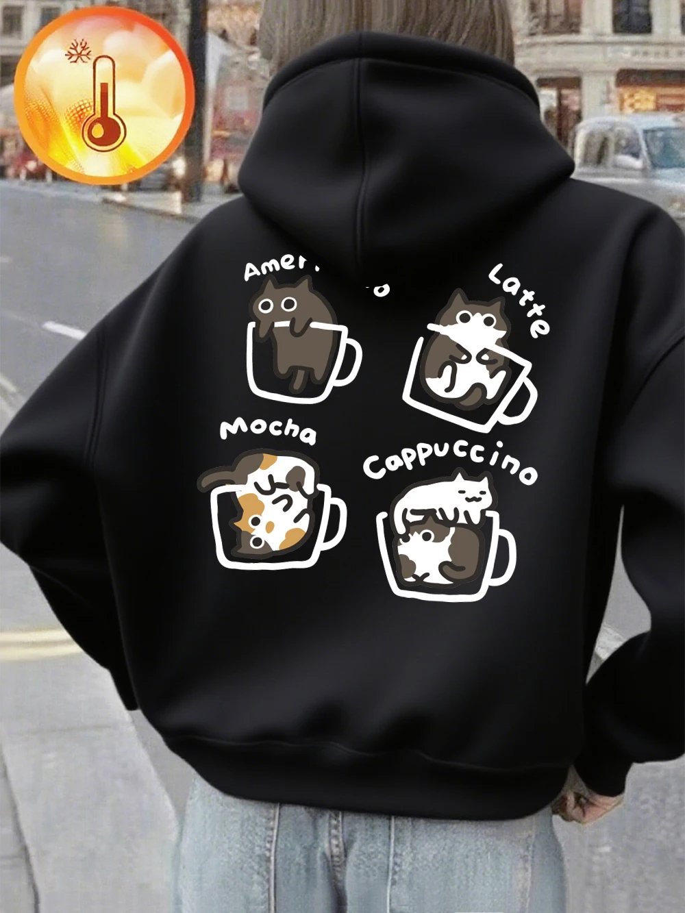 Kat Koffie Art Letter Prints Hoodies Vrouwen Basics Pocket Sweatshirt Herfst Fleece Warme Trui Comfortabele Casual Vrouw Kleding