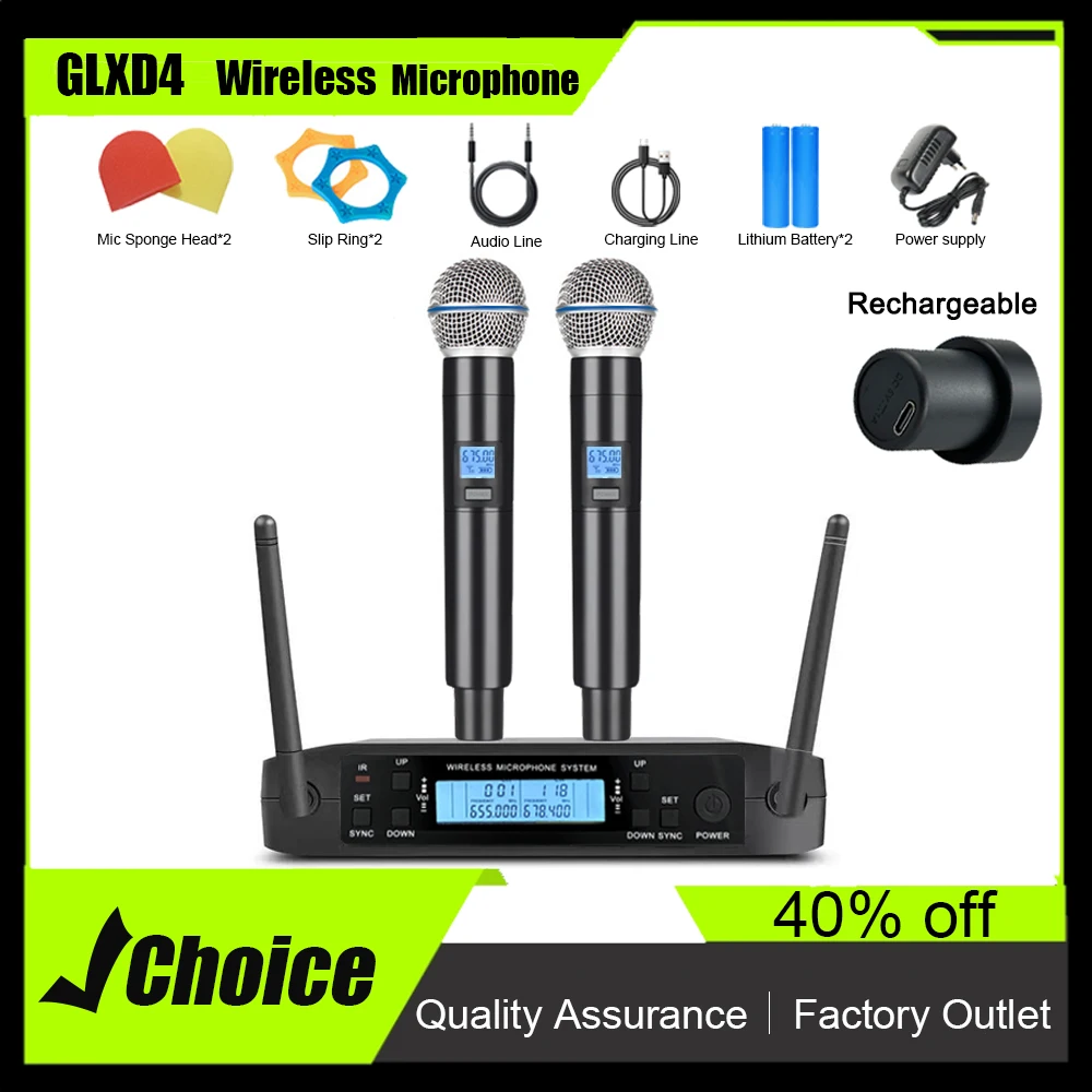 New GLXD4 Professional Wireless Microphone Dual Channel UHF Rechargeable Stage Performances Speeches Live Streaming No Noise